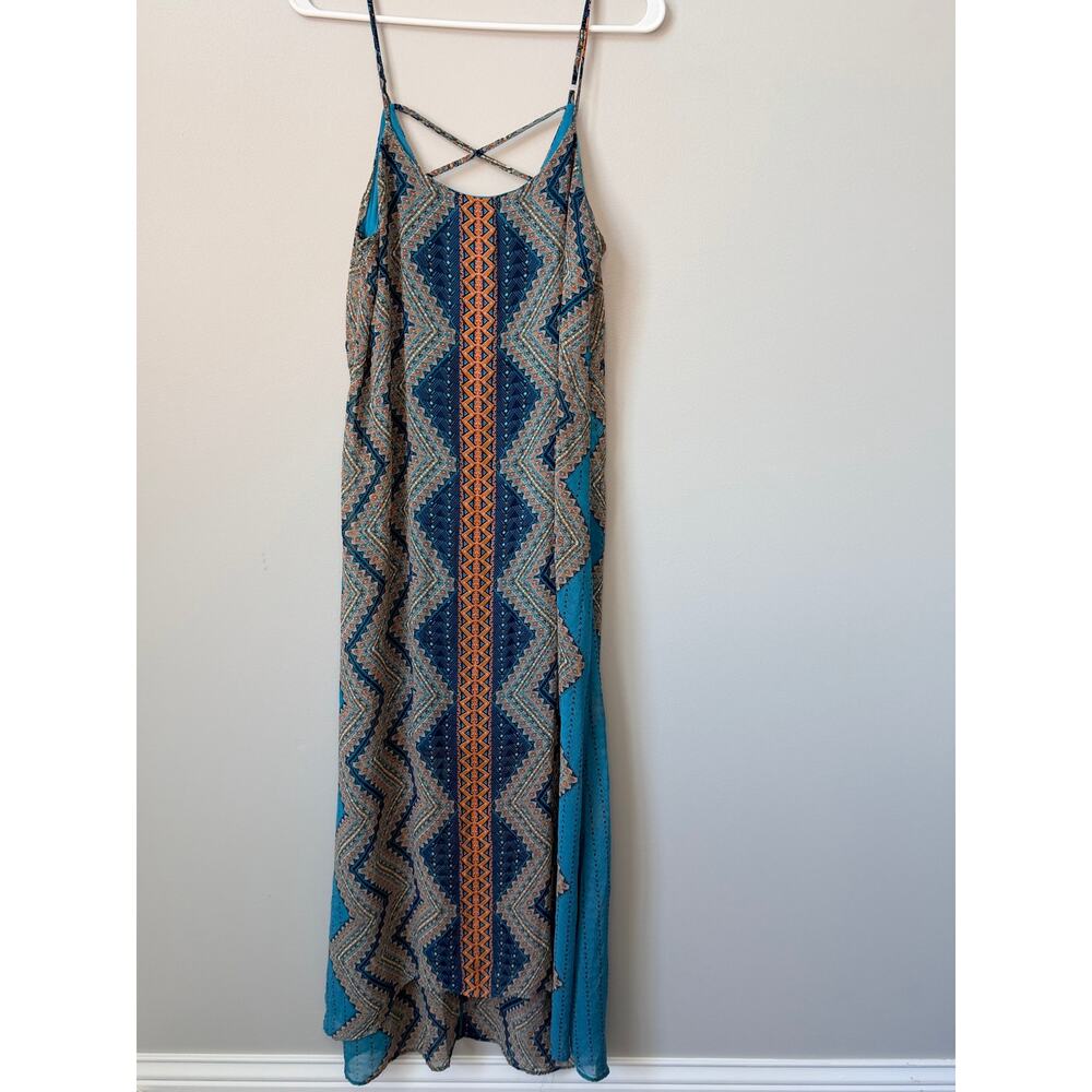 Bisou Bisou Boho Geometric Print Maxi Dress Criss Cross Back Size 2